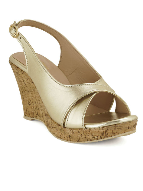 Women Stylish Gold Ethnic Wedge Heels - Main Image