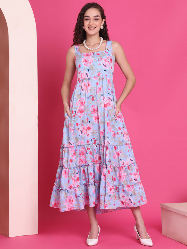Women’s Blue Floral Tiered Maxi Dress