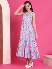 Women’s Blue Floral Tiered Maxi Dress