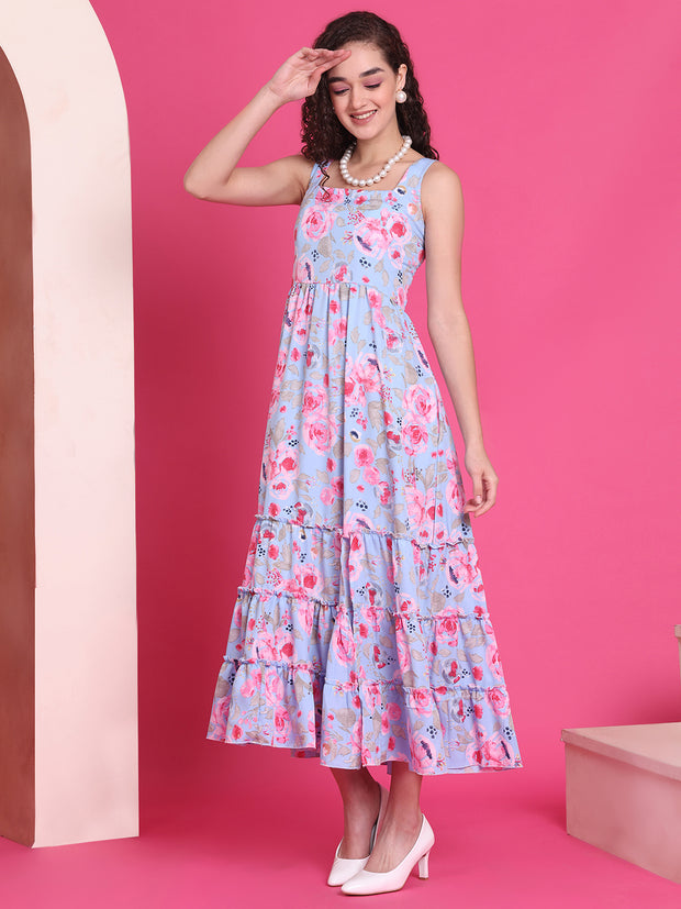 Women’s Blue Floral Tiered Maxi Dress