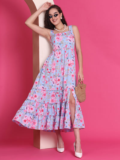 Women’s Blue Floral Tiered Maxi Dress