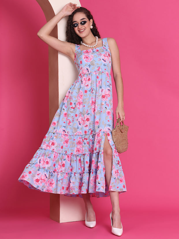 Women’s Blue Floral Tiered Maxi Dress