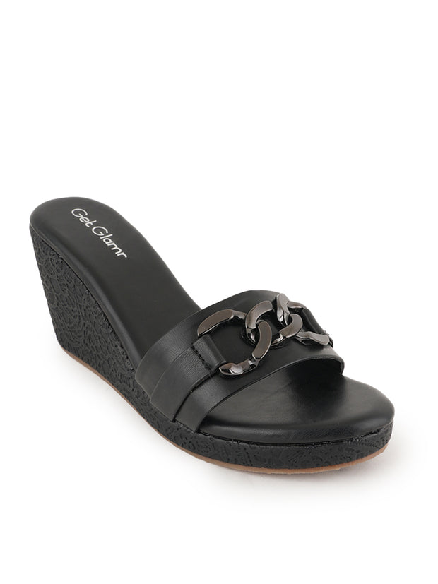 Women Comfortable Black Wedge Mules