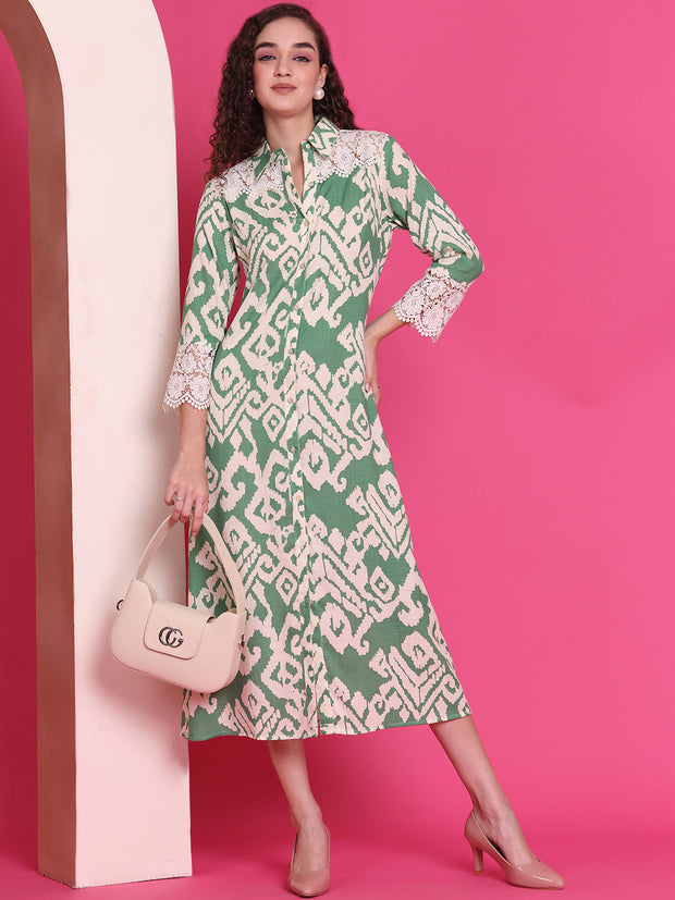 Women A-line Green Midi/Calf Length Dress