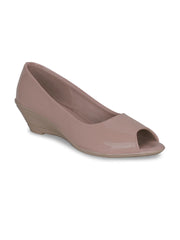 Women Peach Synthetic Patent Solid Peep Toes