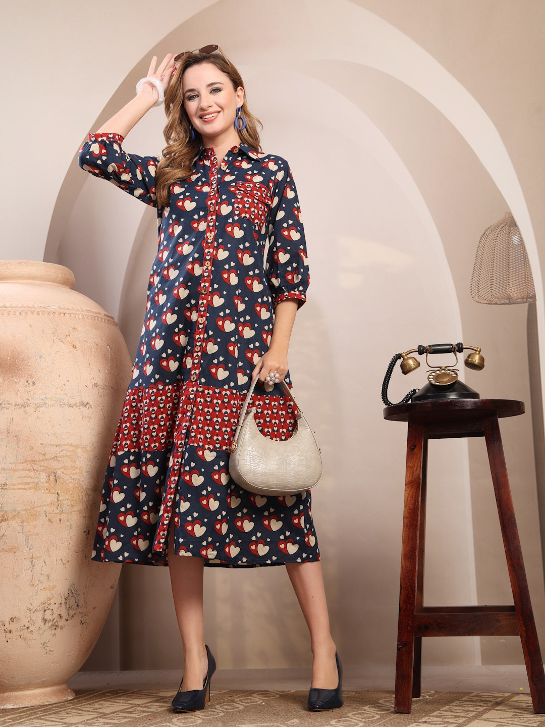 blue dress with red hearts Women Navy Blue & Red Heart Print Shirt Midi Dress