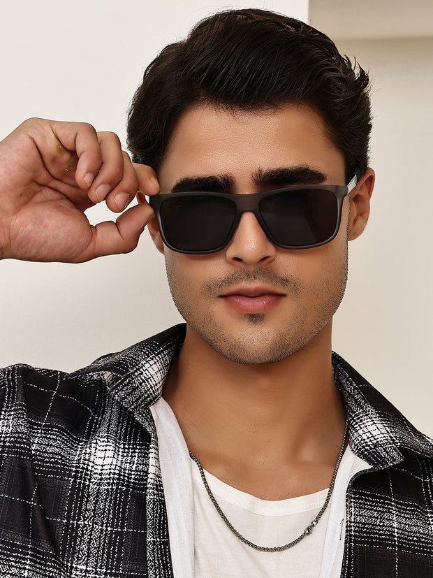 Unisex Grey Rectangular Sunglasses with UV Protection