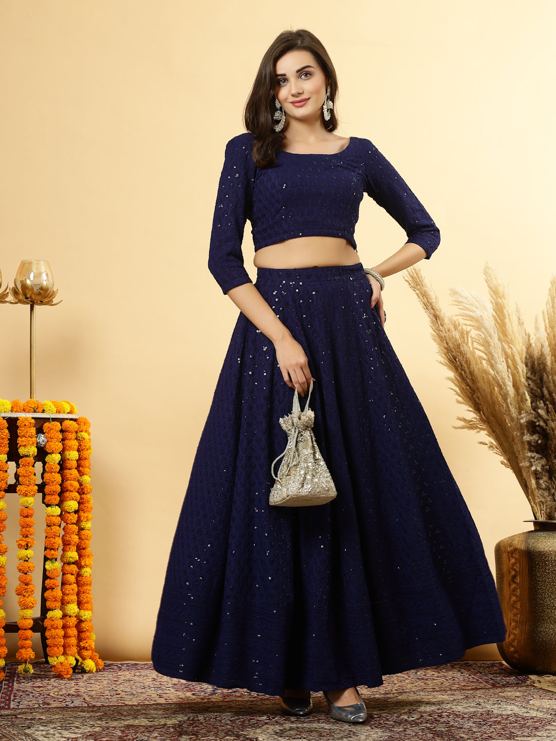 Lehenga Black Top And Blue Skirt Velvet Crop Lehenga Black Top