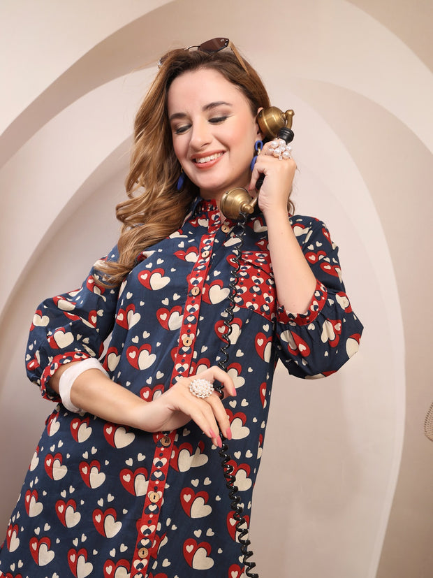 navy dress with red hearts Women Navy Blue & Red Heart Print Shirt Midi Dress