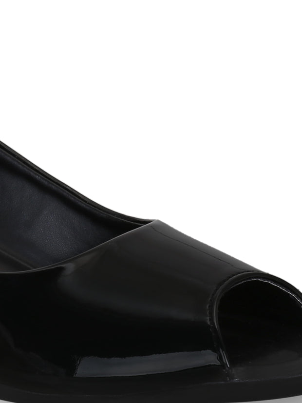 Women Black Synthetic Patent Solid Peep Toes
