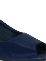 Women Navy Blue Synthetic Patent Solid Peep Toes