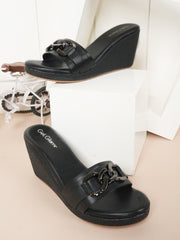 Women Comfortable Black Wedge Mules