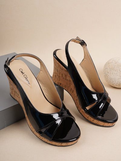 Women Black Solid Wedge Sandals