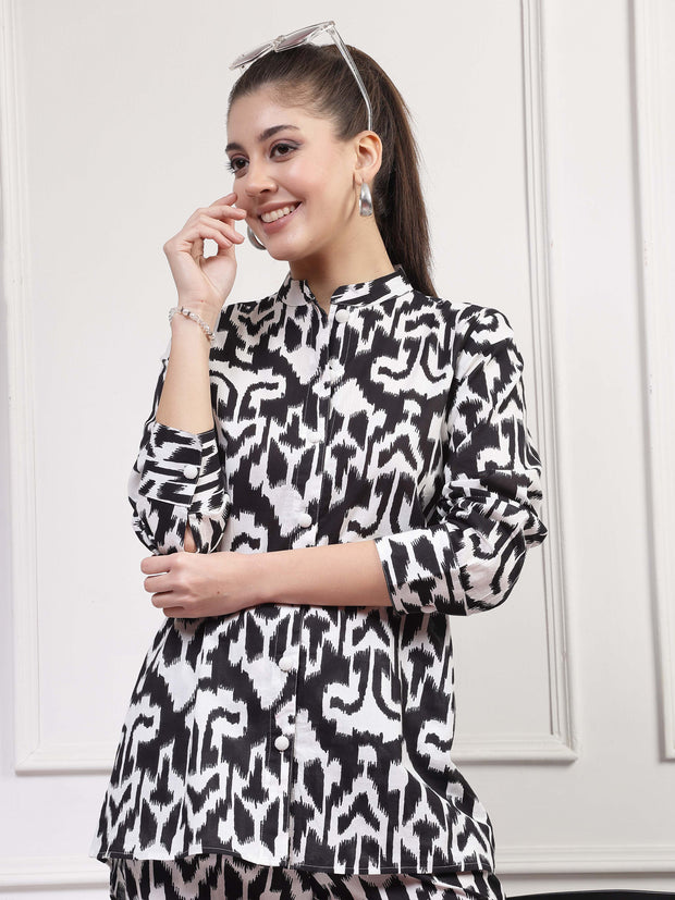 Get Glamr Printed Collar Neck Shirt & Mid-Rise Trouser Co-Ords