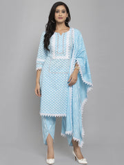 Women Blue Printed Kurta & Trousers Set with Duppatta and Mask