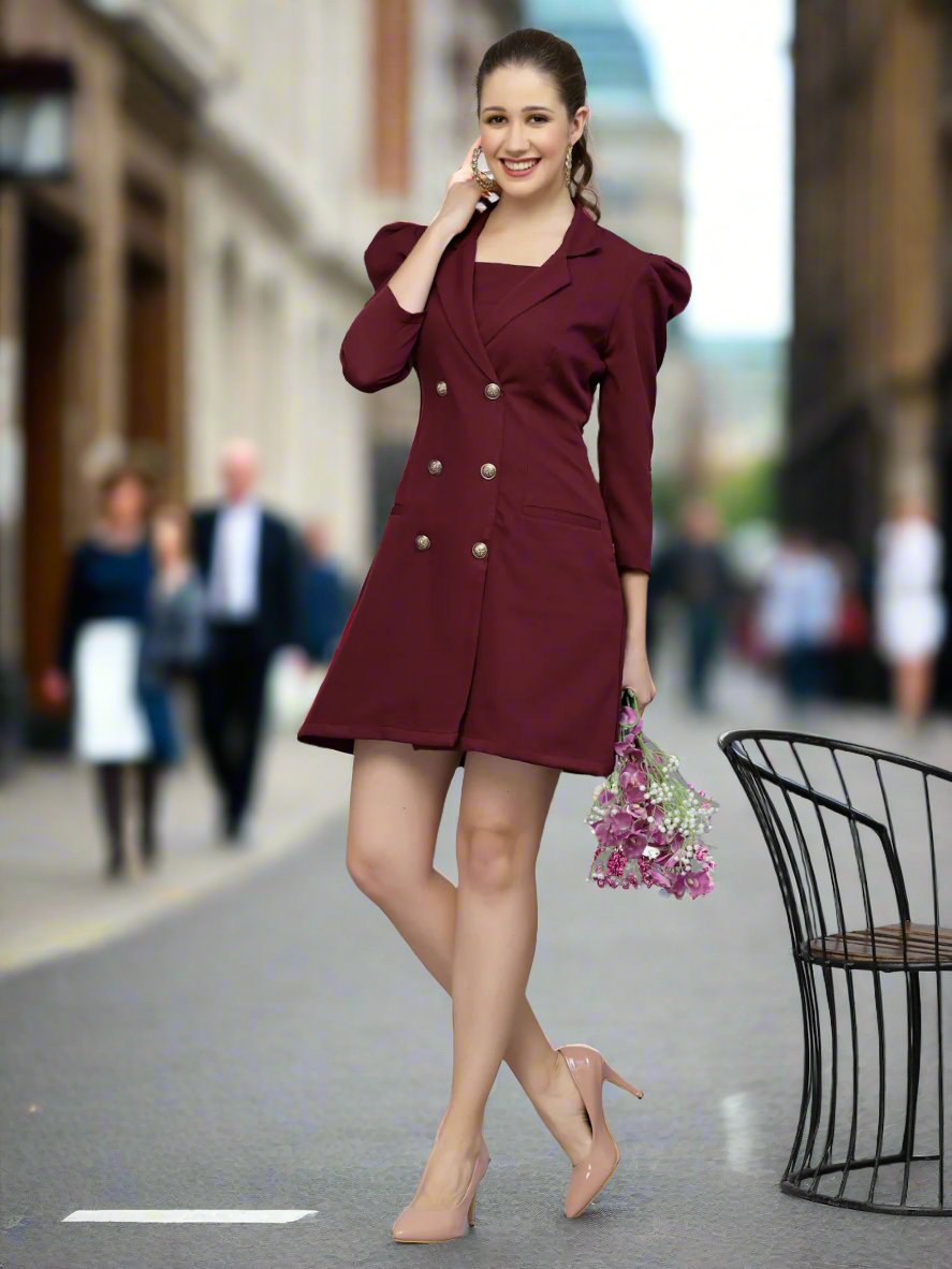 Women Stylish Blazer Dress Maroon