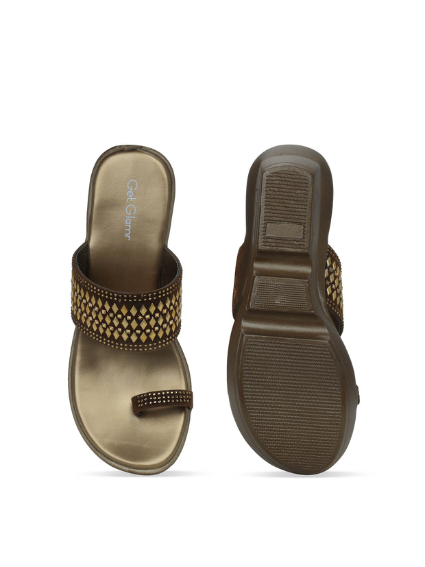 Women Copper Synthetic Embellished Ethnic Sandals