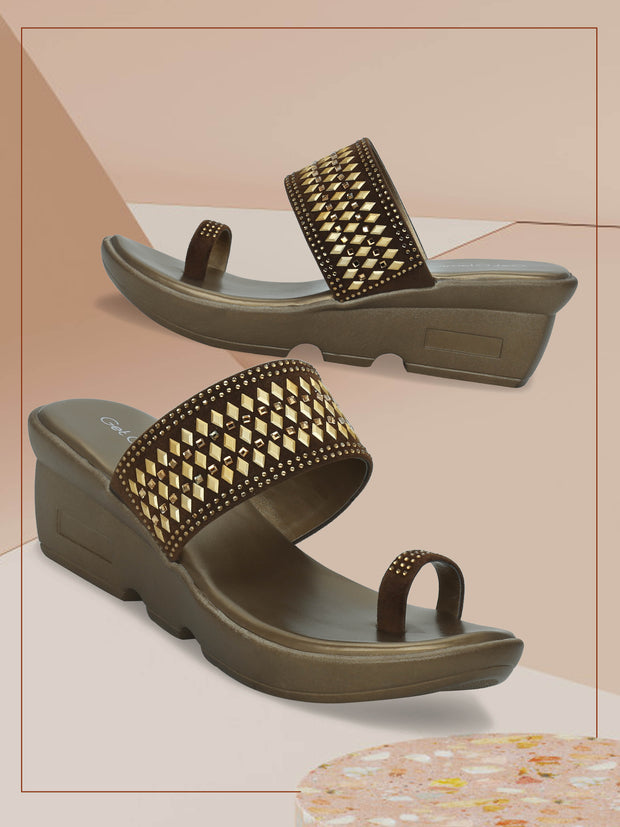 Women Copper Synthetic Embellished Ethnic Sandals