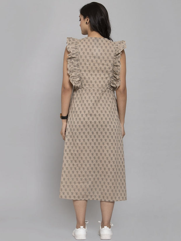 Women Beige & Off-White Printed A-Line Dress With Mask