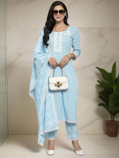 Women Blue Printed Kurta & Trousers Set with Duppatta and Mask - getglamr