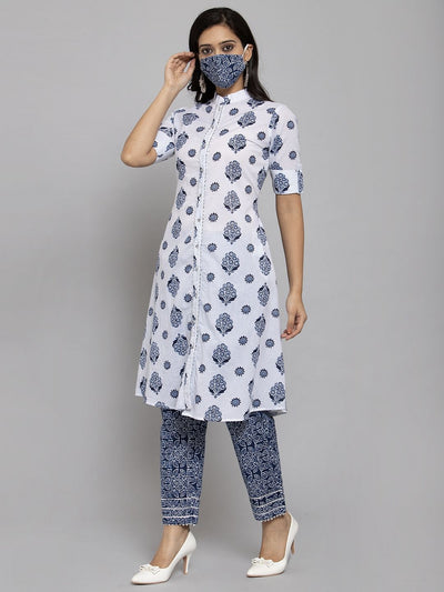 Women White & Navy Blue Printed Kurti with Trouser and Mask