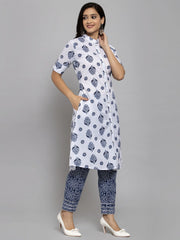 Women White & Navy Blue Printed Kurti with Trouser and Mask